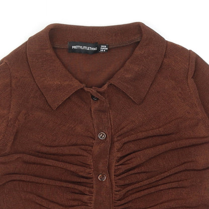 PRETTYLITTLETHING Womens Brown Polyester Cropped Button-Up Size 8 V-Neck
