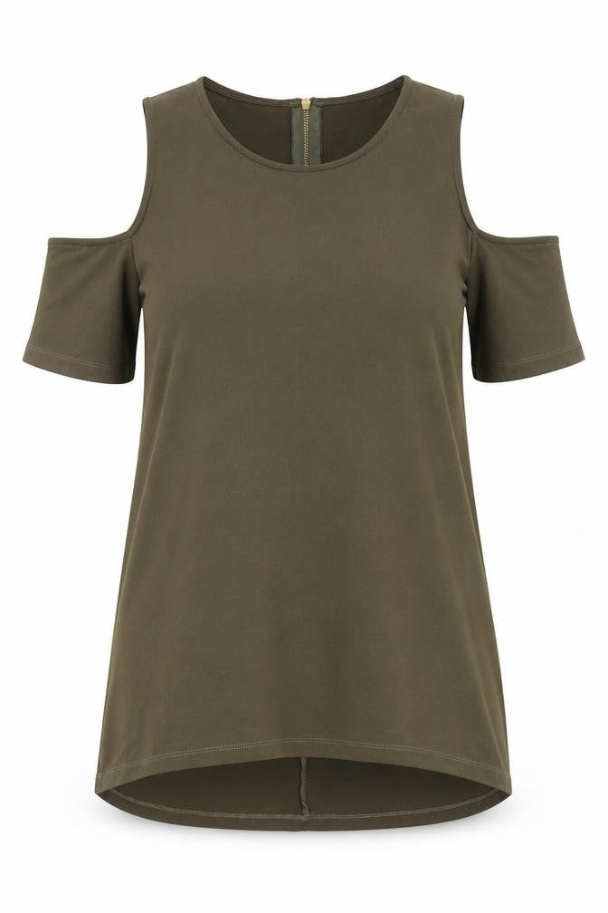 Warehouse Womens Green Polyester Basic T-Shirt Size 10 Round Neck - Cold Shoulder