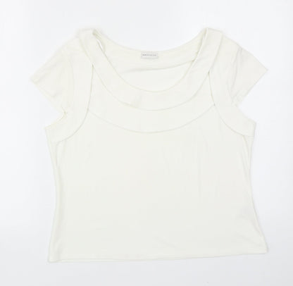 Minuet Womens Ivory Polyester Basic T-Shirt Size 14 Round Neck