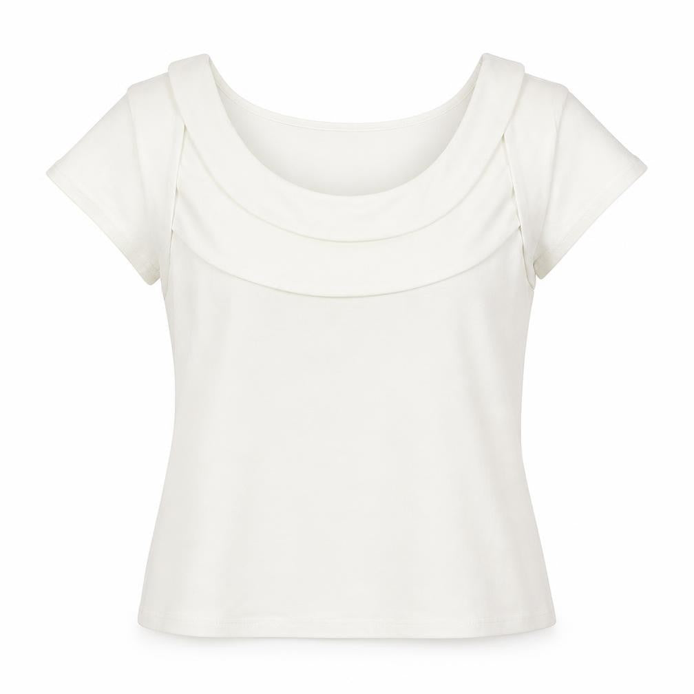 Minuet Womens Ivory Polyester Basic T-Shirt Size 14 Round Neck
