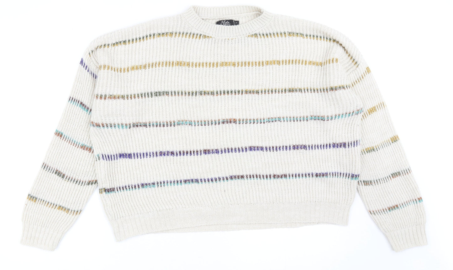 Yida Womens Beige Round Neck Striped Acrylic Pullover Jumper Size L