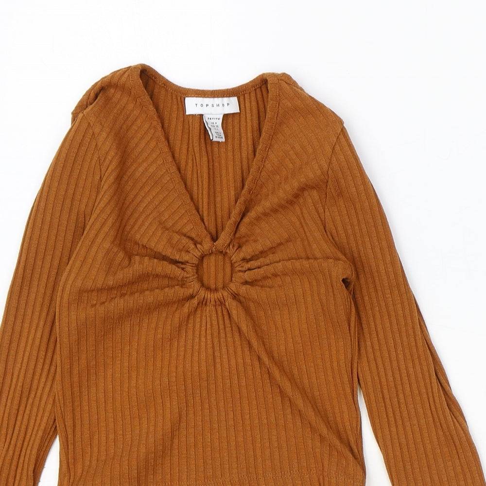 Topshop Womens Orange Polyester Basic T-Shirt Size 4XL V-Neck - Ring Detail