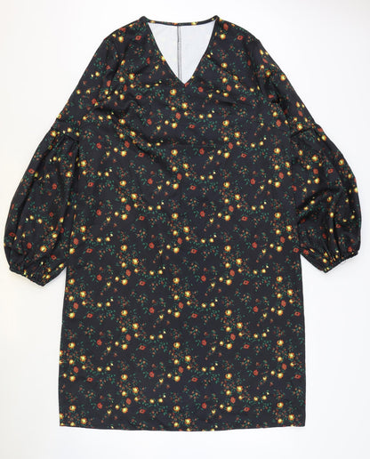 SHEIN Womens Black Floral Polyester A-Line Size L V-Neck Pullover