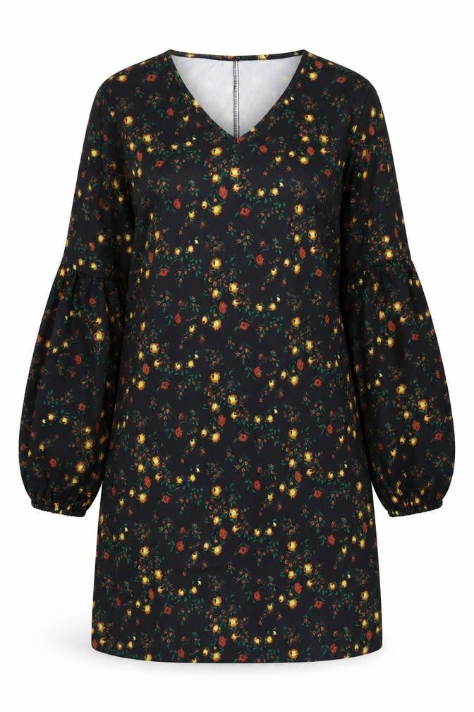 SheIn Womens Black Floral Polyester A-Line Size L V-Neck Pullover