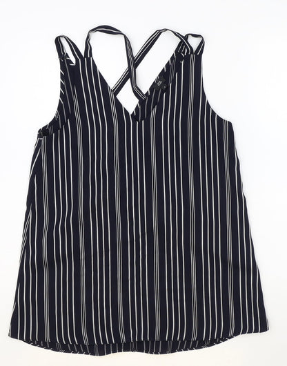 River Island Womens Blue Striped Polyester Basic Blouse Size 8 V-Neck