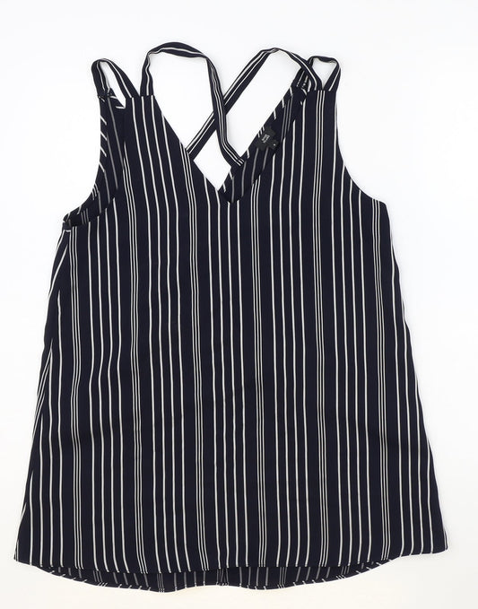 River Island Womens Blue Striped Polyester Basic Blouse Size 8 V-Neck