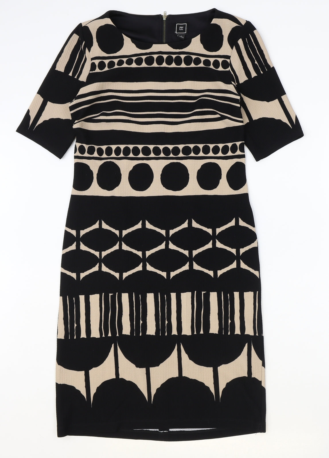 RMLL Womens Black Geometric Polyester A-Line Size 6 Round Neck Zip