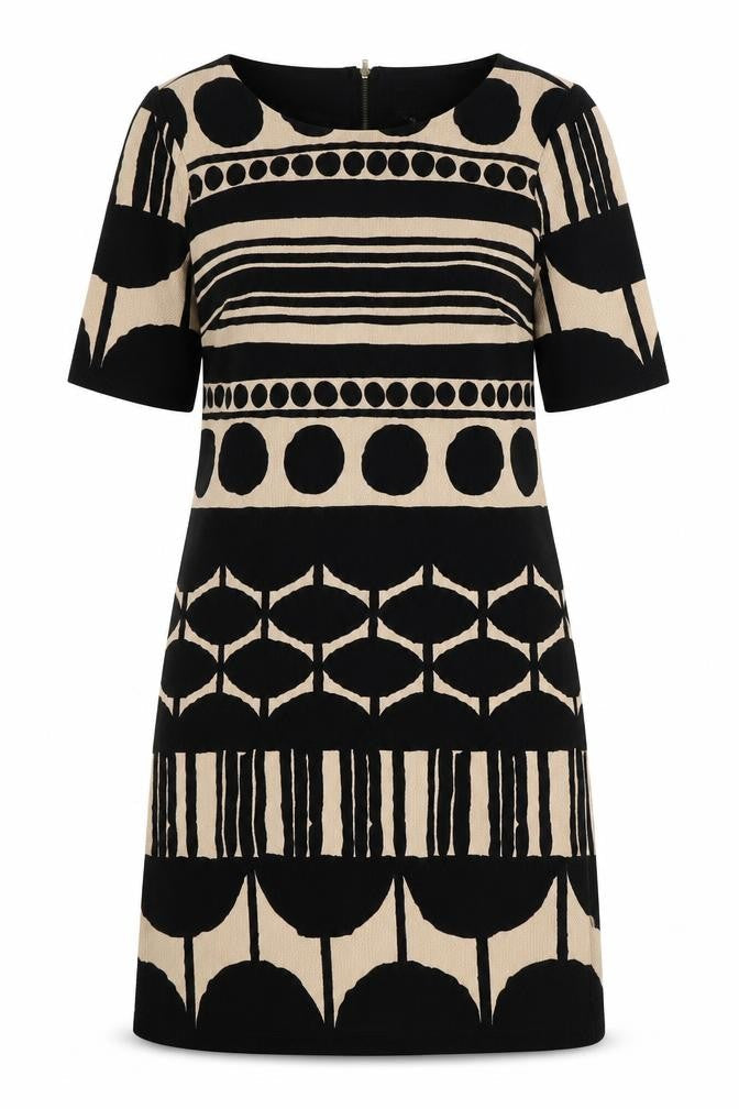 RMLL Womens Black Geometric Polyester A-Line Size 6 Round Neck Zip