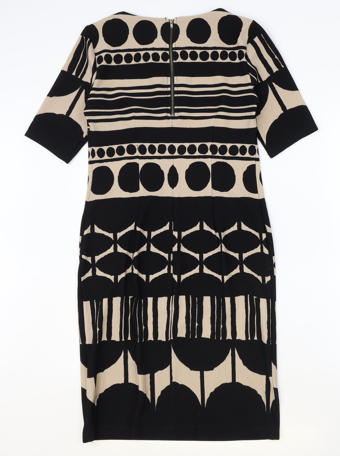 RMLL Womens Black Geometric Polyester A-Line Size 6 Round Neck Zip
