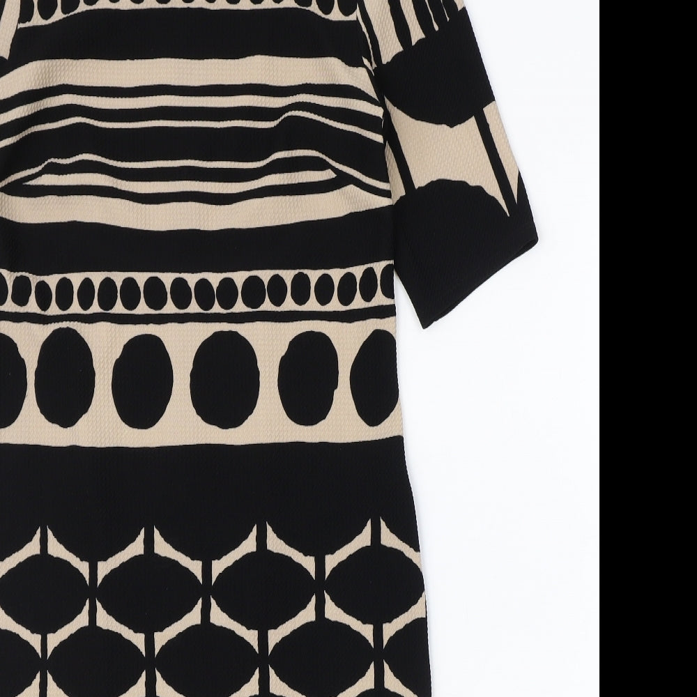 RMLL Womens Black Geometric Polyester A-Line Size 6 Round Neck Zip