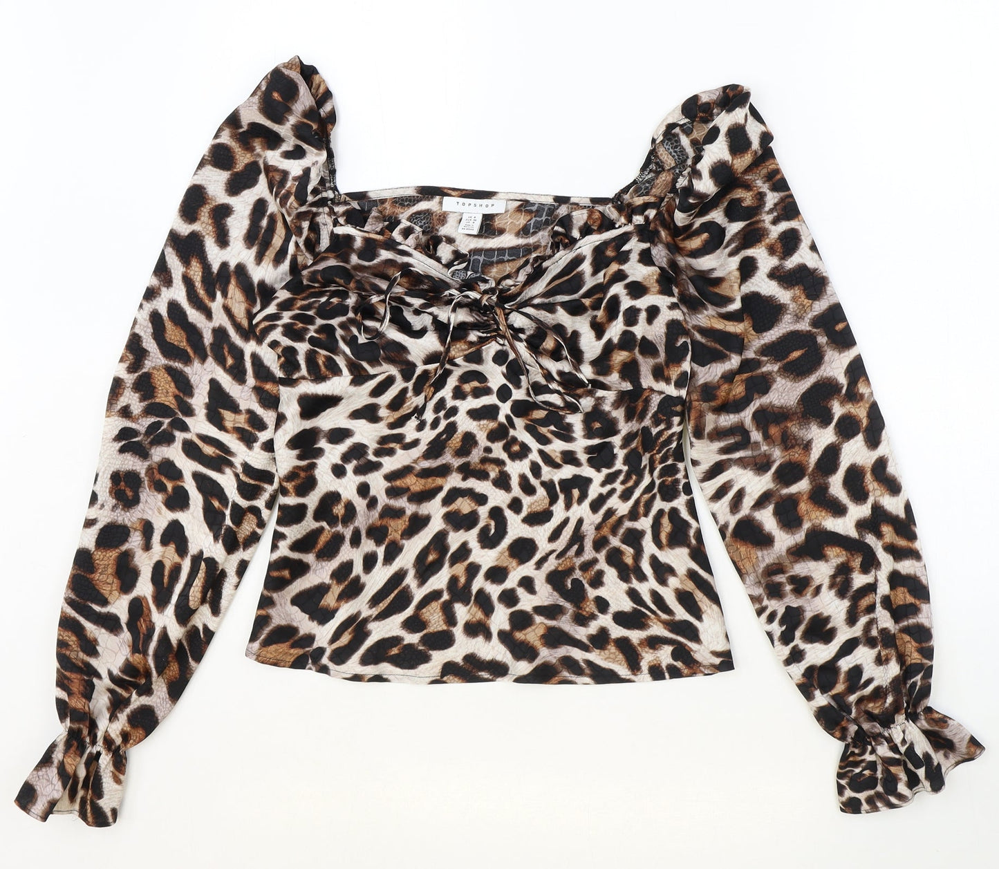 Topshop Womens Brown Animal Print Polyester Basic Blouse Size 8 Sweetheart