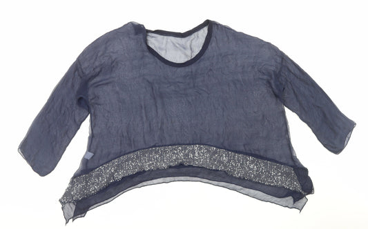 Preworn Womens Blue Polyester Cropped Blouse Size L Scoop Neck