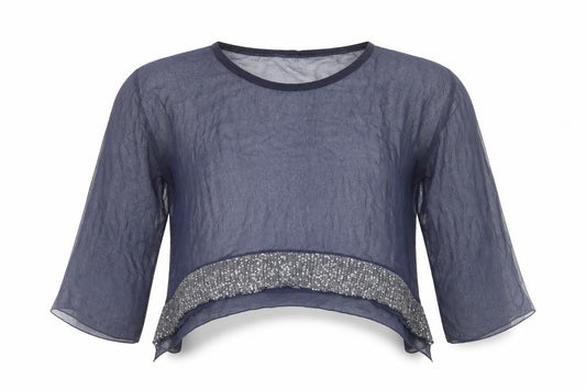Preworn Womens Blue Polyester Cropped Blouse Size L Scoop Neck