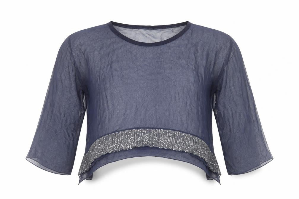 Preworn Womens Blue Polyester Cropped Blouse Size L Scoop Neck