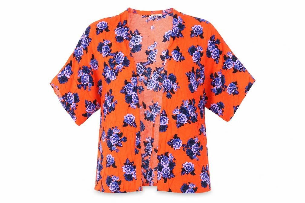 Papaya Womens Red Floral Viscose Kimono Blouse Size S V-Neck