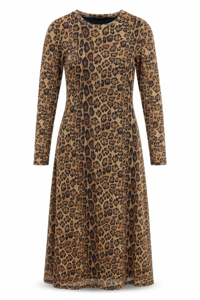 LUC-CE Womens Brown Animal Print Polyester A-Line Size S Round Neck Pullover - Leopard Pattern