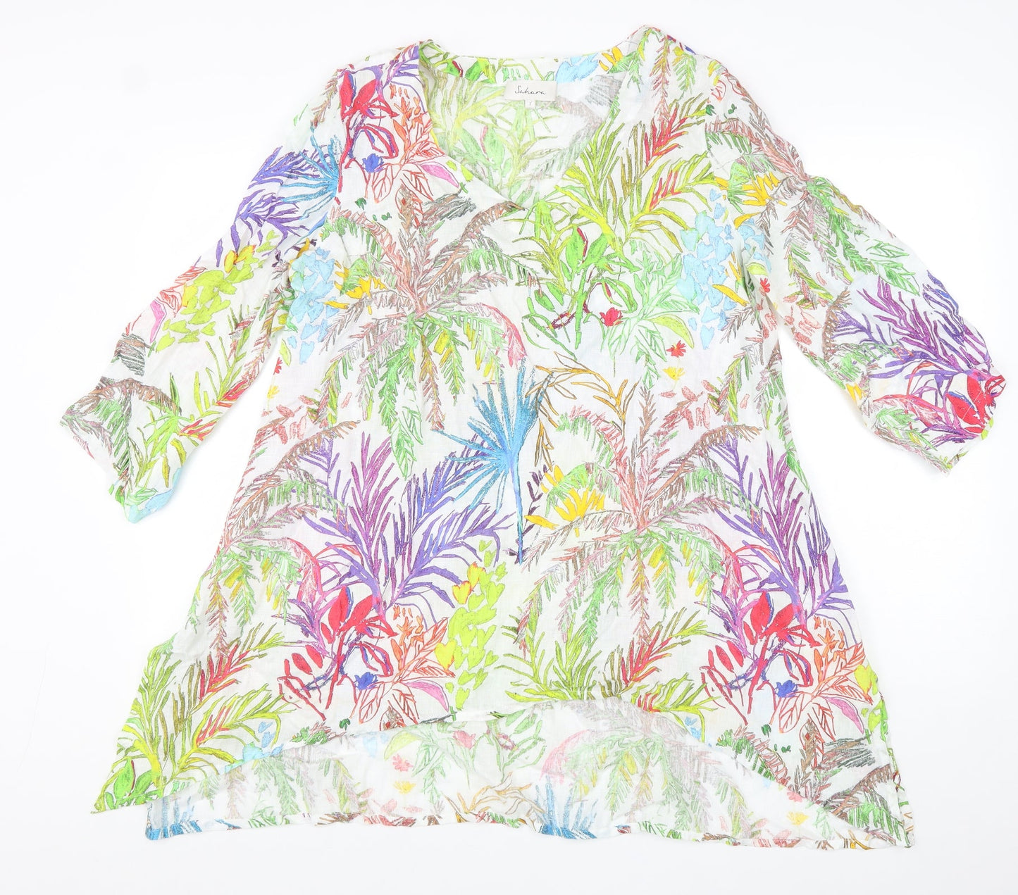 Sahara Womens Multicoloured Floral Linen Sheath Size 12 Round Neck Pullover