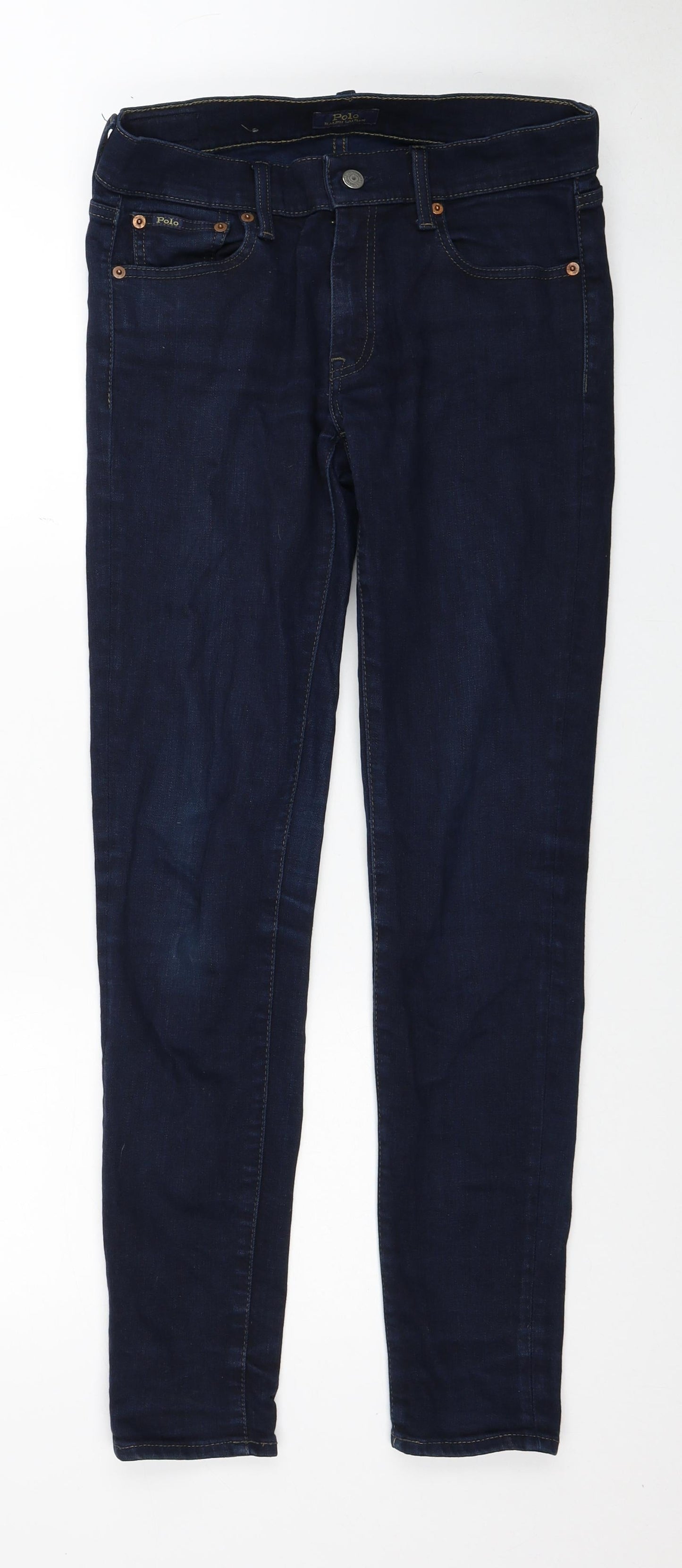 Marks and Spencer Womens Blue Herringbone Cotton Skinny Jeans Size 27 in Regular Zip