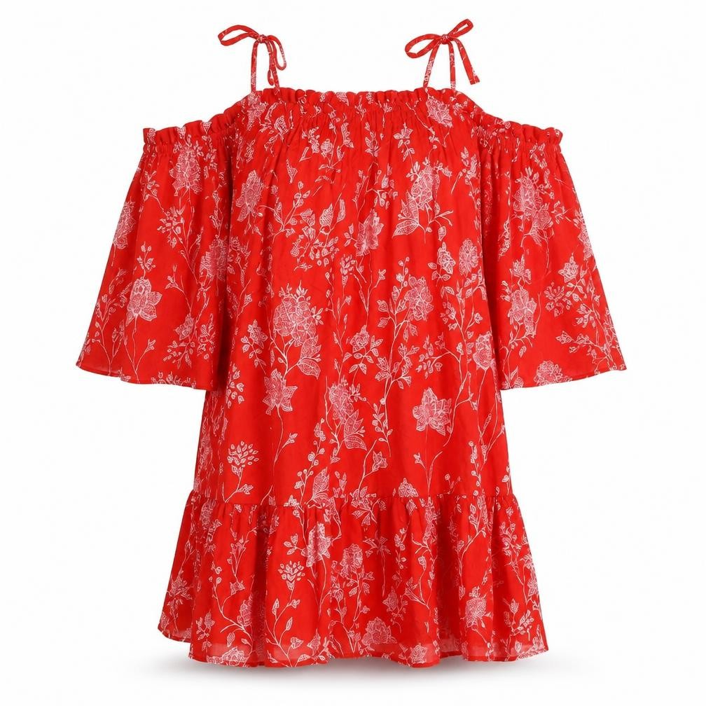 H&M Womens Red Floral Viscose Trapeze & Swing Size 10 Off the Shoulder Pullover