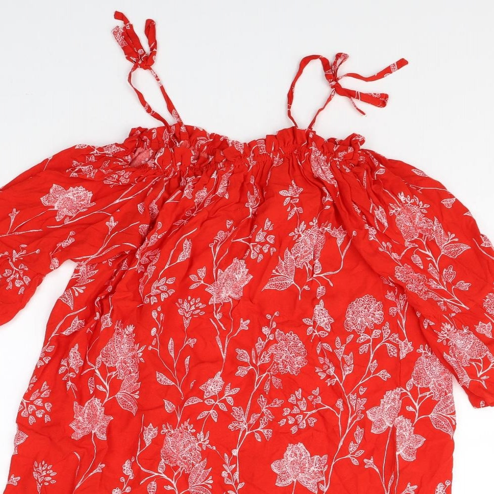 H&M Womens Red Floral Viscose Trapeze & Swing Size 10 Off the Shoulder Pullover