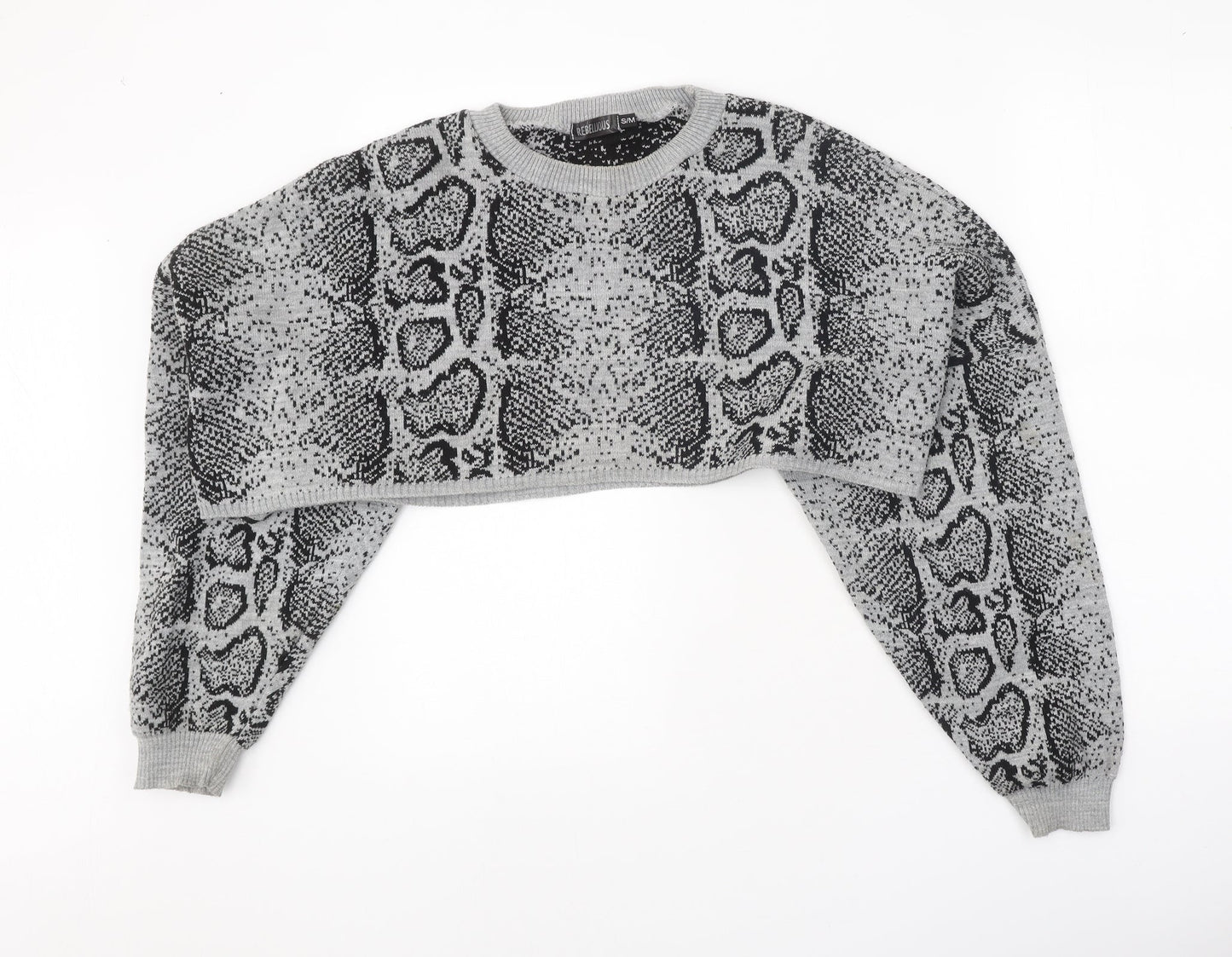 Rebellious Womens Grey Round Neck Animal Print Acrylic Pullover Jumper Size S - Snake Print