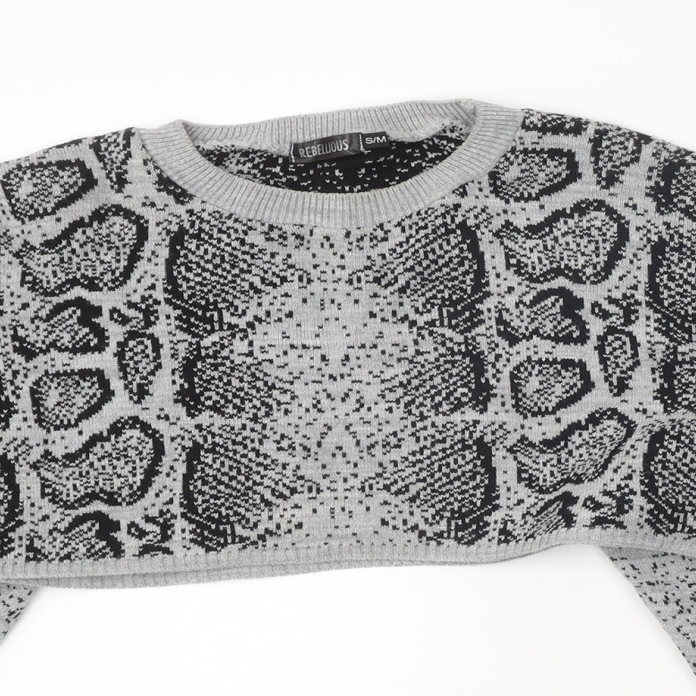 Rebellious Womens Grey Round Neck Animal Print Acrylic Pullover Jumper Size S - Snake Print
