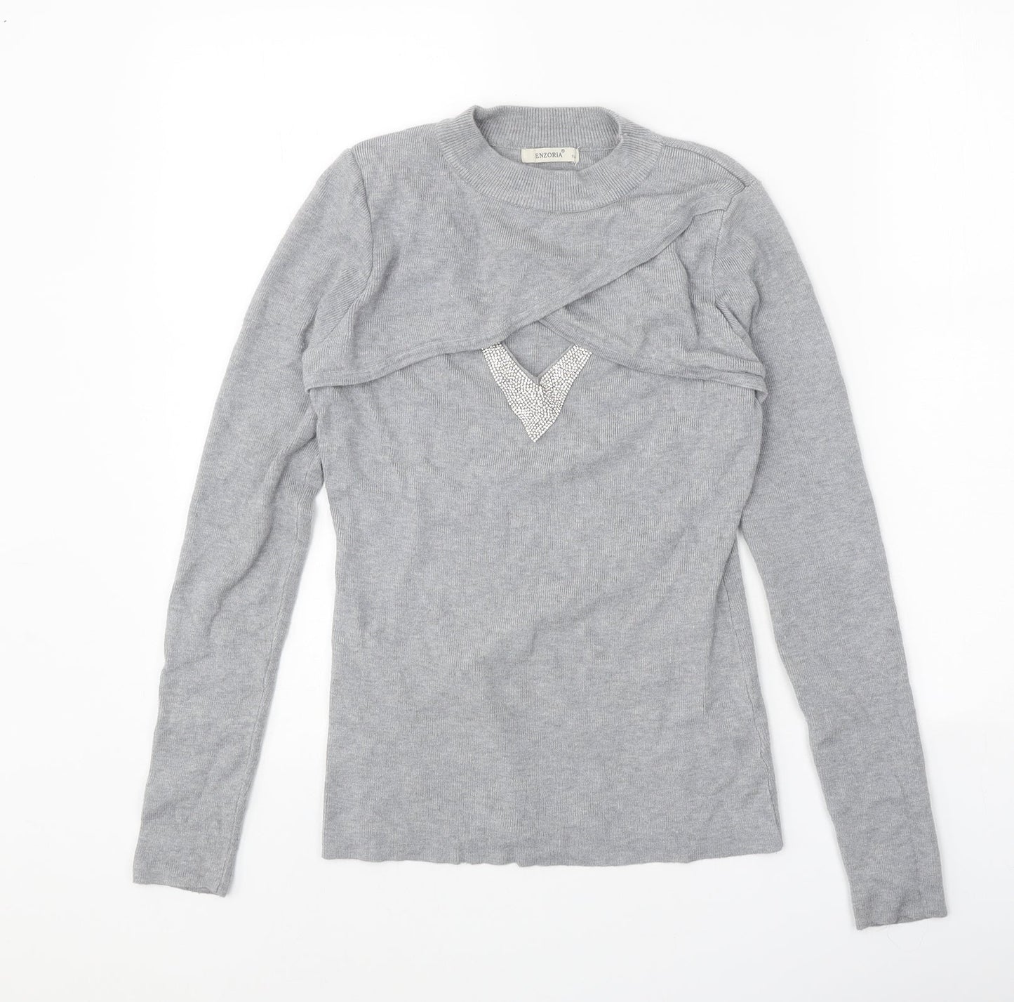 Enzoria Womens Grey Round Neck Viscose Pullover Jumper One Size