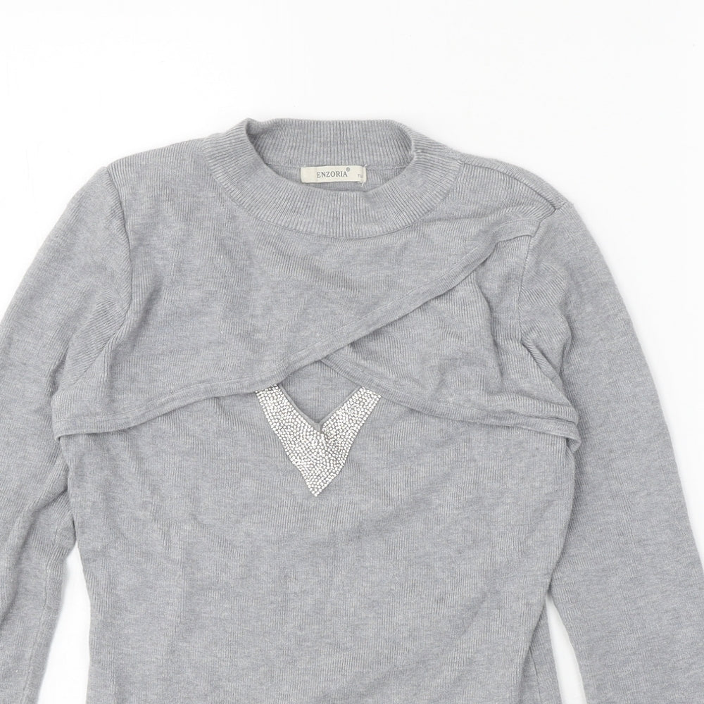 Enzoria Womens Grey Round Neck Viscose Pullover Jumper One Size