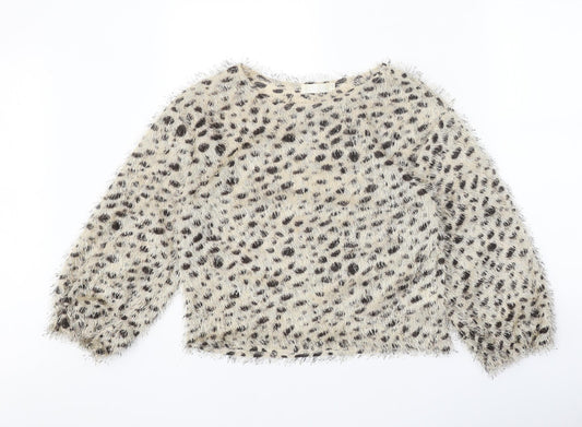 Flamant Rose Womens Beige Round Neck Animal Print Polyester Pullover Jumper Size S