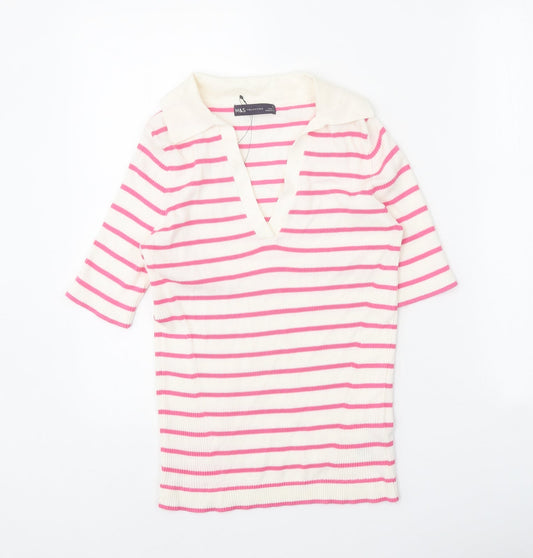 Marks and Spencer Womens White V-Neck Striped Cotton Pullover Jumper Size S