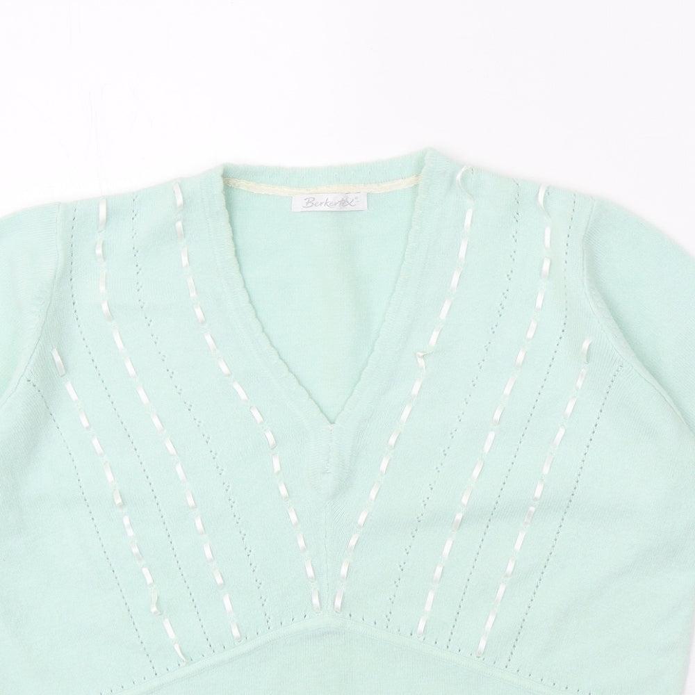 Berkertex Womens Green V-Neck Acrylic Pullover Jumper Size 14