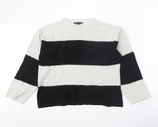 Marks and Spencer Womens Black Round Neck Striped Acrylic Pullover Jumper Size M