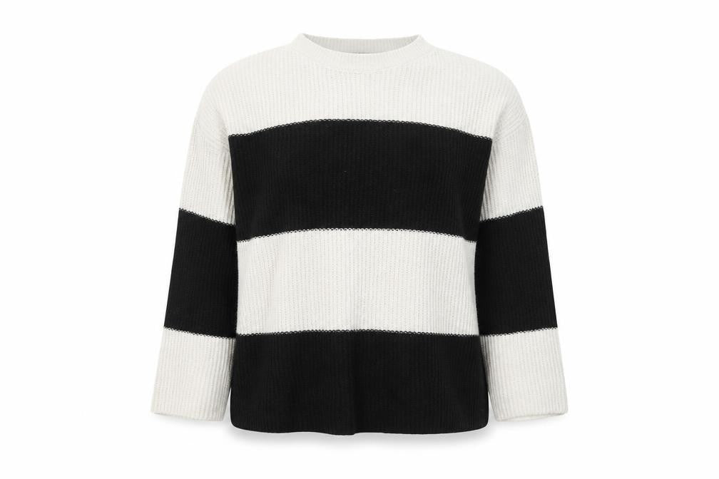 Marks & Spencer Womens Black Round Neck Striped Acrylic Pullover Jumper Size M