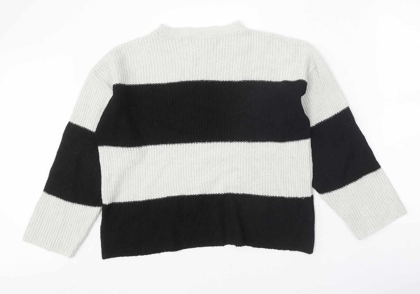 Marks and Spencer Womens Black Round Neck Striped Acrylic Pullover Jumper Size M