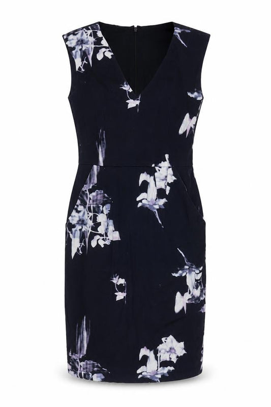 French Connection Womens Blue Floral Cotton A-Line Size 6 V-Neck Zip