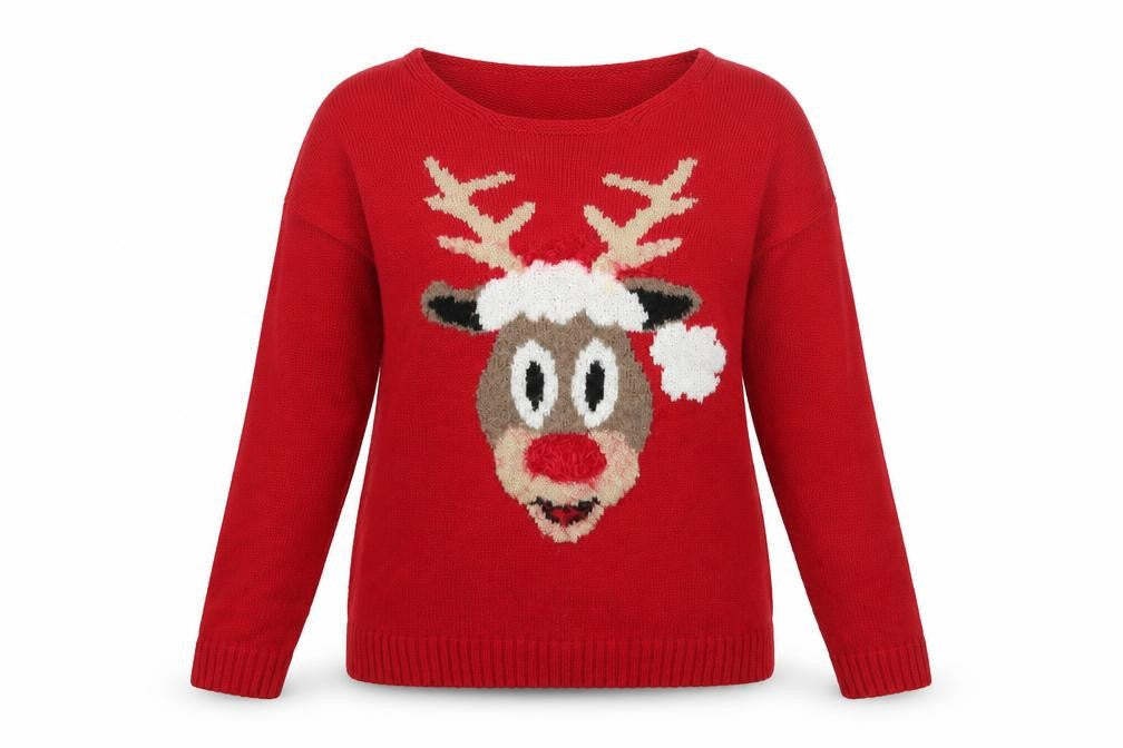 Pura Moda Womens Red Boat Neck Acrylic Pullover Jumper Size S - Reindeer