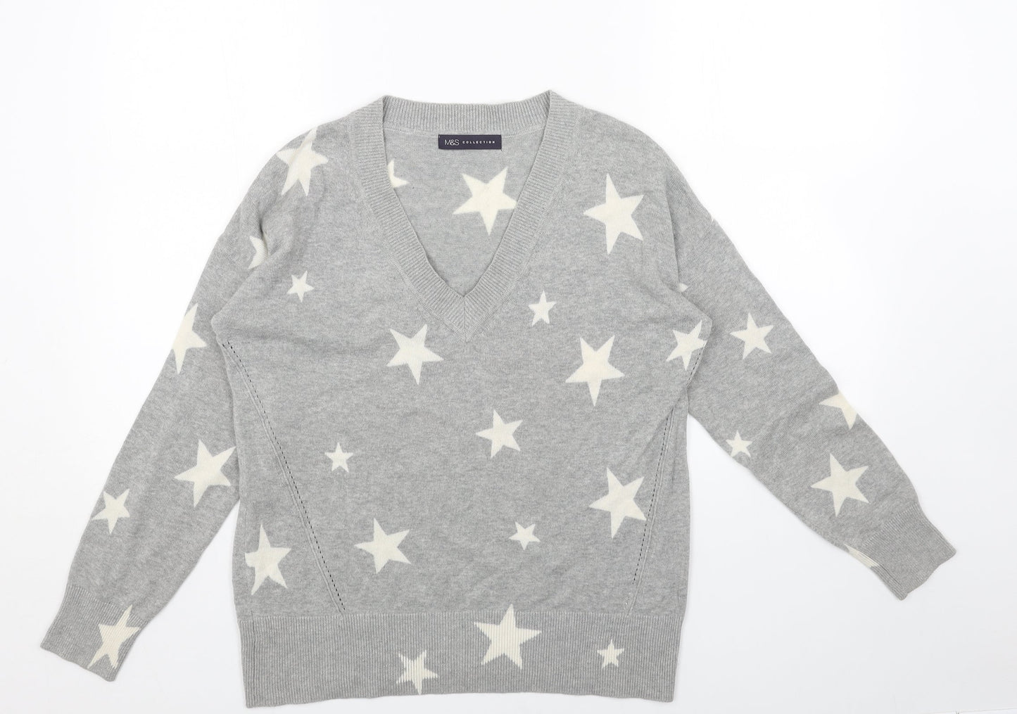 Marks and Spencer Womens Grey V-Neck Geometric Acrylic Pullover Jumper Size S - Star Print