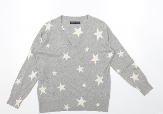 Marks and Spencer Womens Grey V-Neck Geometric Acrylic Pullover Jumper Size S - Star Print