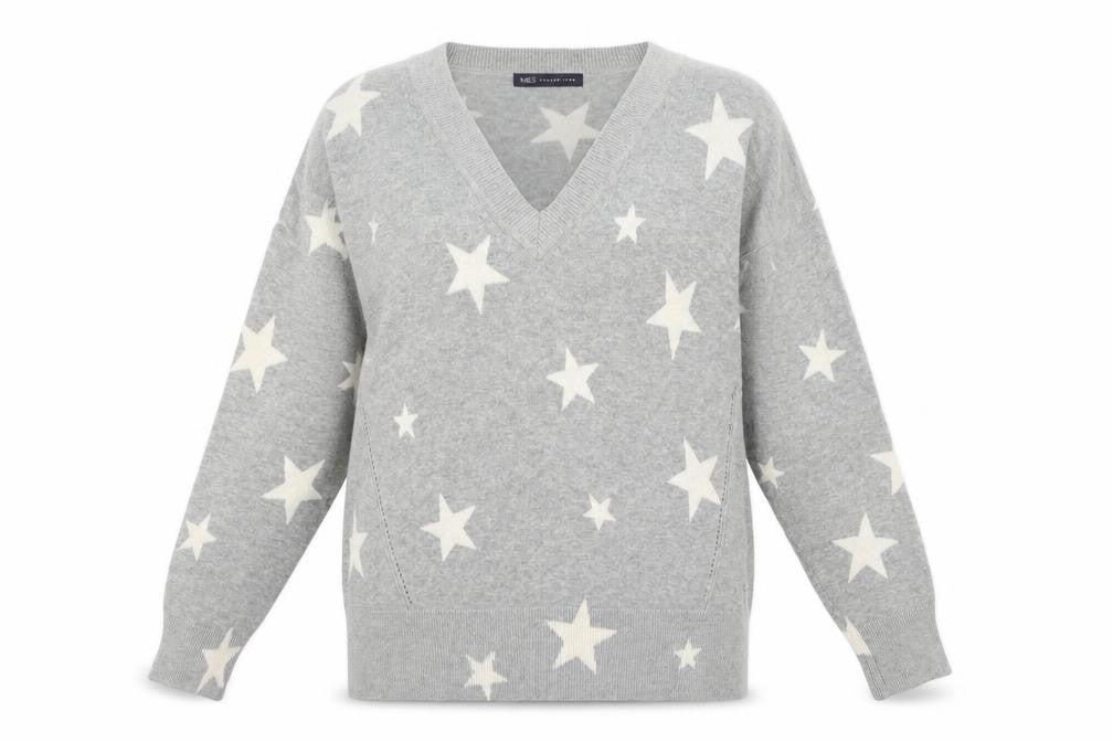 Marks & Spencer Womens Grey V-Neck Geometric Acrylic Pullover Jumper Size S - Star Print