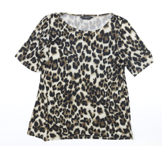 Classic Womens Brown Animal Print Polyester Basic T-Shirt Size 12 Round Neck - Leopard Print