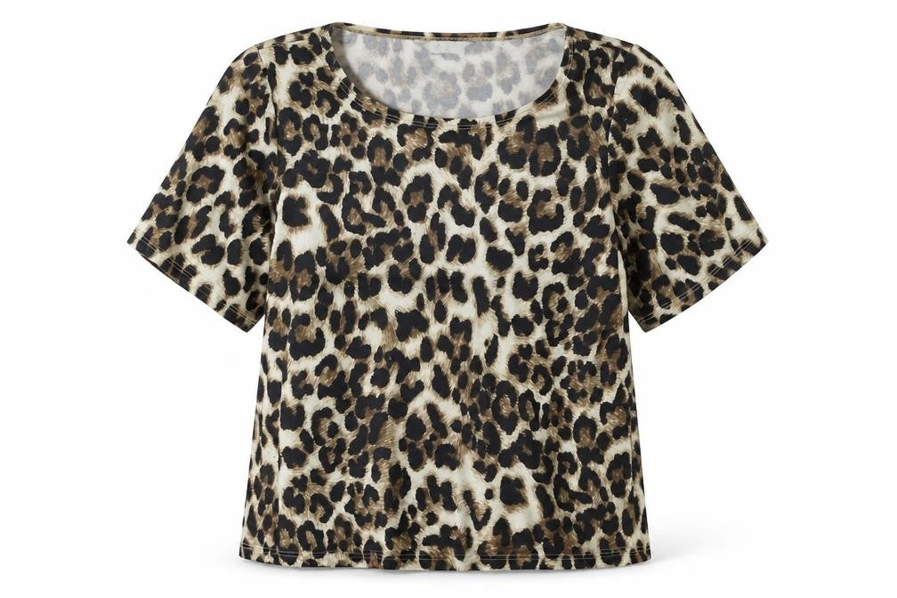 Classics Womens Brown Animal Print Polyester Basic T-Shirt Size 12 Round Neck - Leopard Print