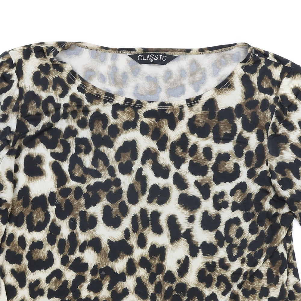 Classic Womens Brown Animal Print Polyester Basic T-Shirt Size 12 Round Neck - Leopard Print