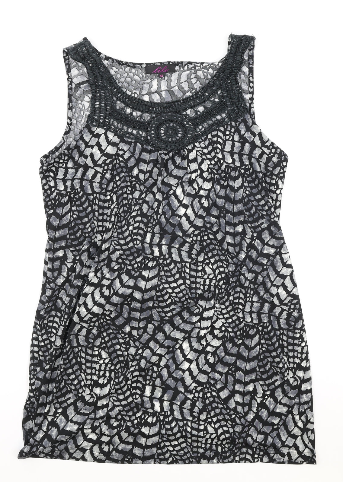 Lila Womens Grey Geometric Viscose A-Line Size 12 Scoop Neck Pullover