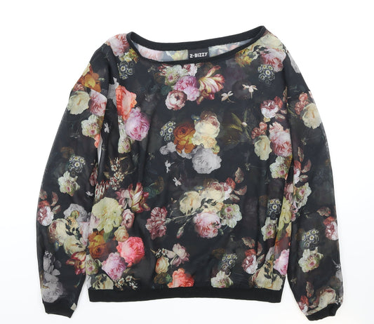 2-Bizzy Womens Black Floral Viscose Basic Blouse Size S Round Neck