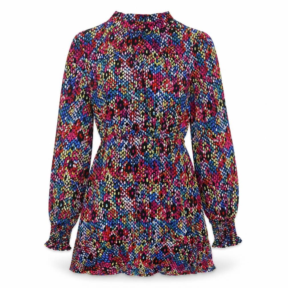 Oasis Womens Multicoloured Geometric Polyester Fit & Flare Size S Mock Neck Button