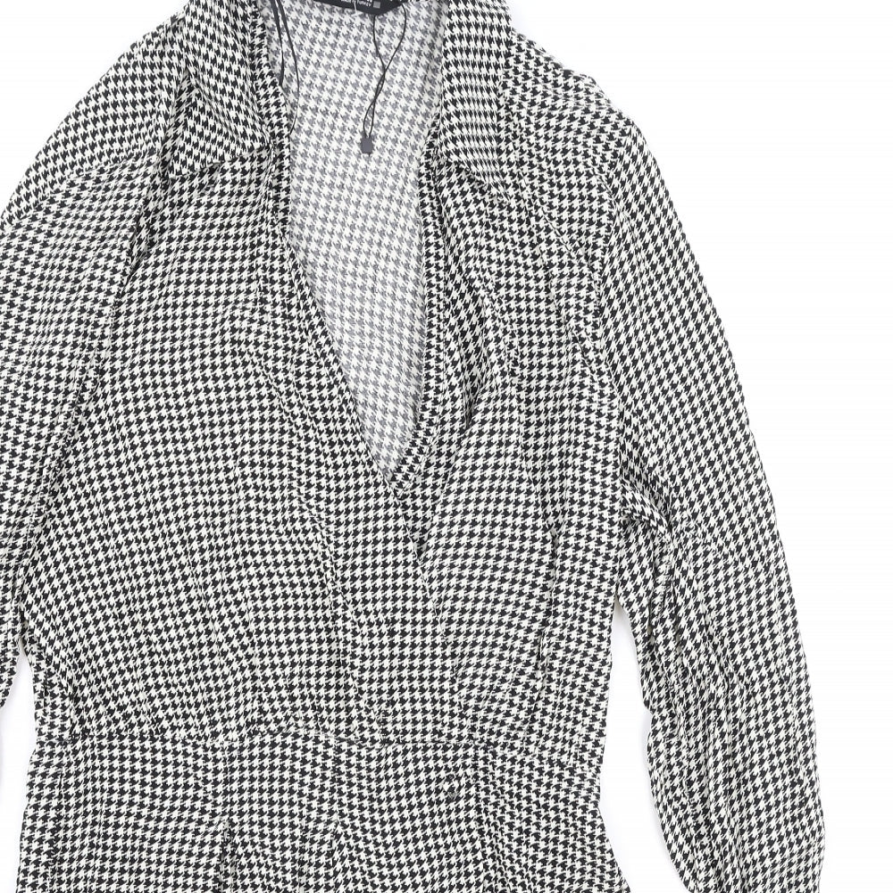 Zara Womens Black Houndstooth Viscose Shirt Dress Size L Collared Pullover