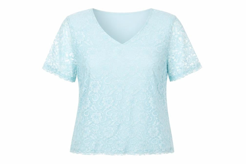 Damart Womens Blue Geometric Polyester Basic T-Shirt Size M V-Neck