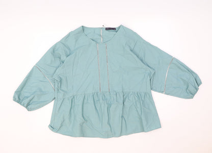 Marks & Spencer Womens Green Cotton Basic Blouse Size 12 Round Neck