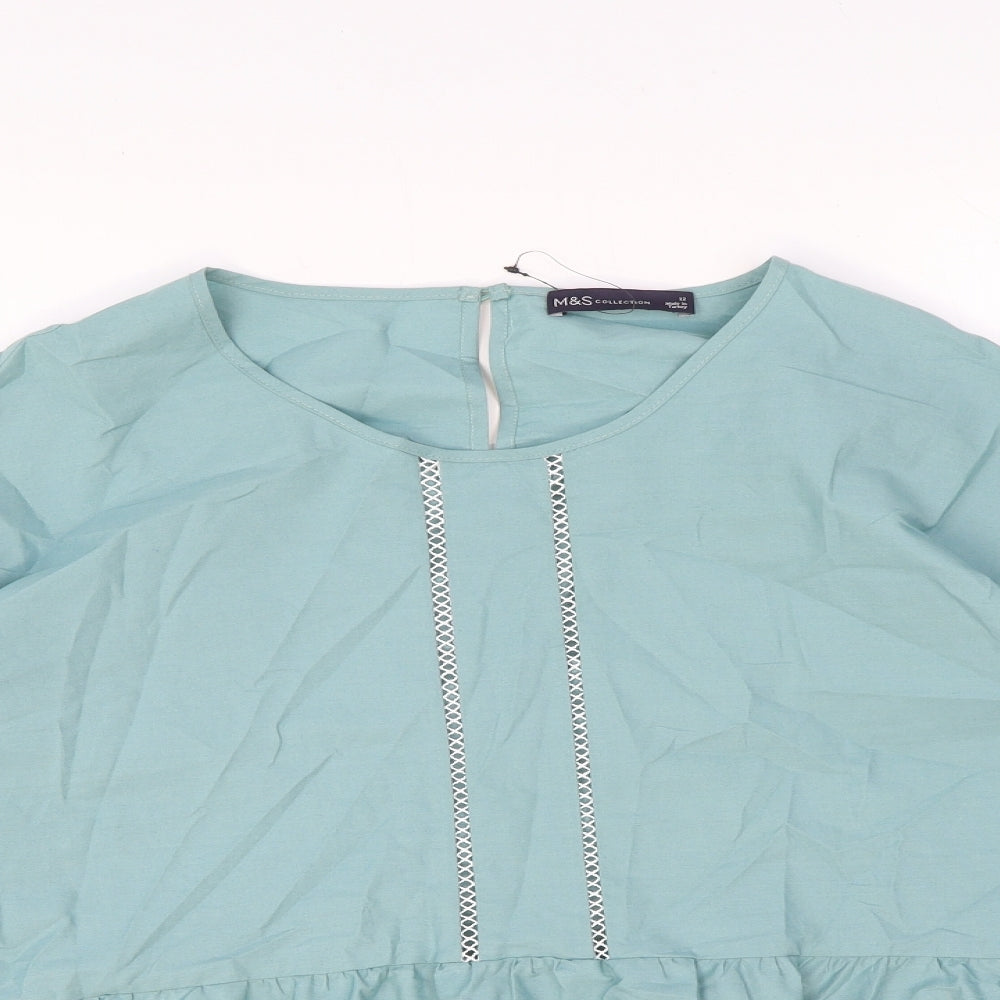 Marks and Spencer Womens Green Cotton Basic Blouse Size 12 Round Neck