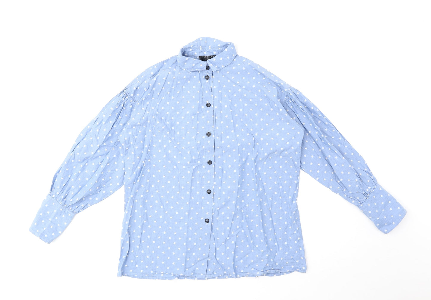 Topshop Womens Blue Geometric Cotton Basic Button-Up Size 6 V-Neck - Star Print